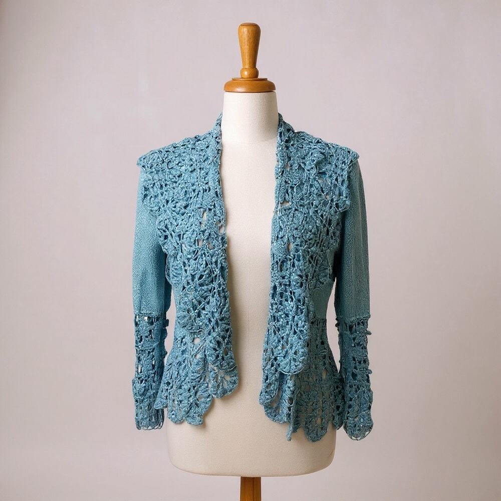 VTG Nine West Cardigan Sz L Light Blue Ramie Cotton Crochet Lacy Tiered Boho Y2K